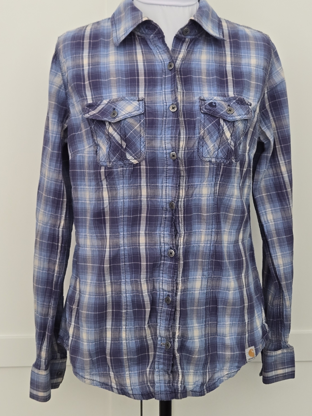 Carhartt Blue Plaid Button-Up Work Shirt Breathable Relaxed Fit Classic Small